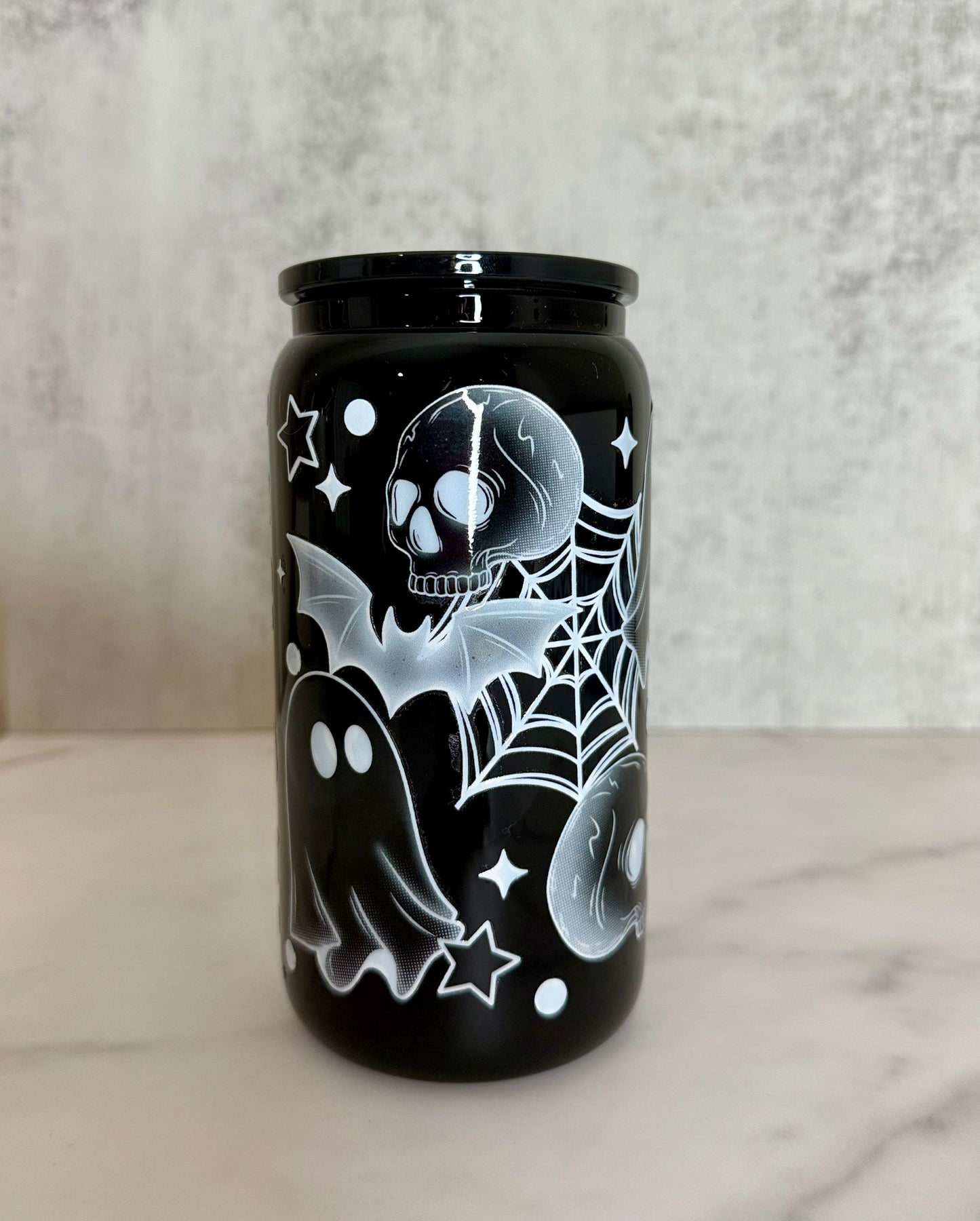 Ghosts + Bats Black Glass Can