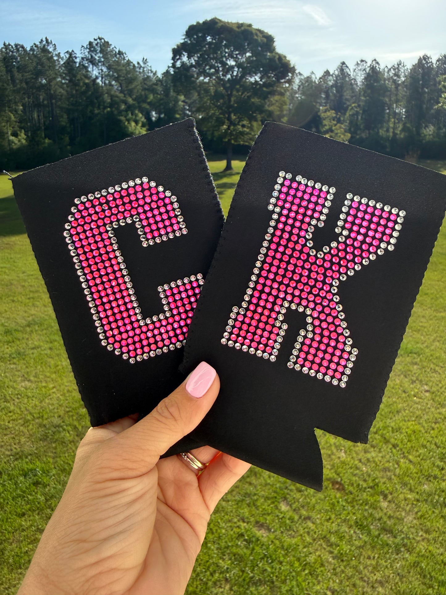 Rhinestone Initial Slim Can Sleeve - Black