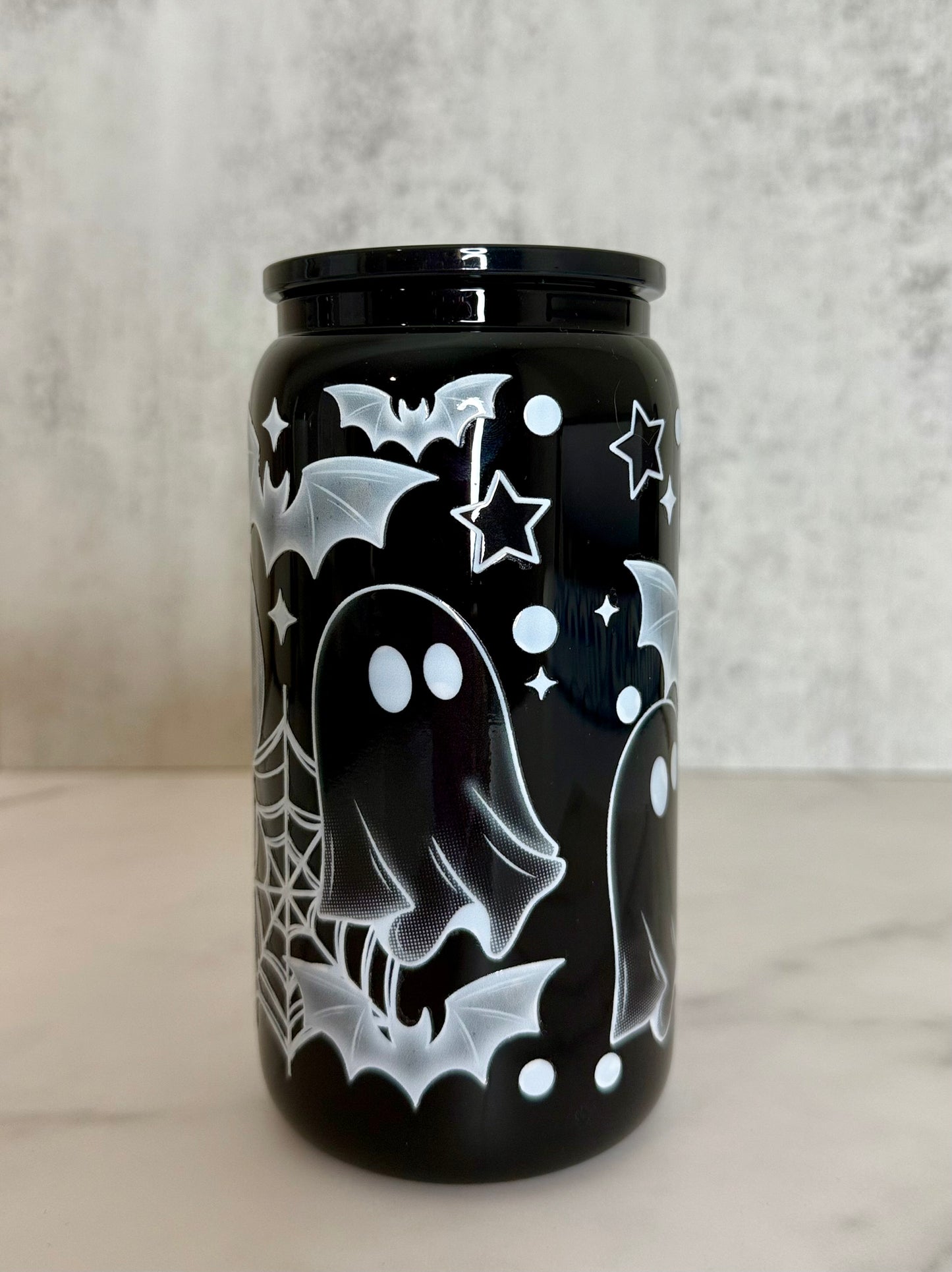 Ghosts + Bats Black Glass Can