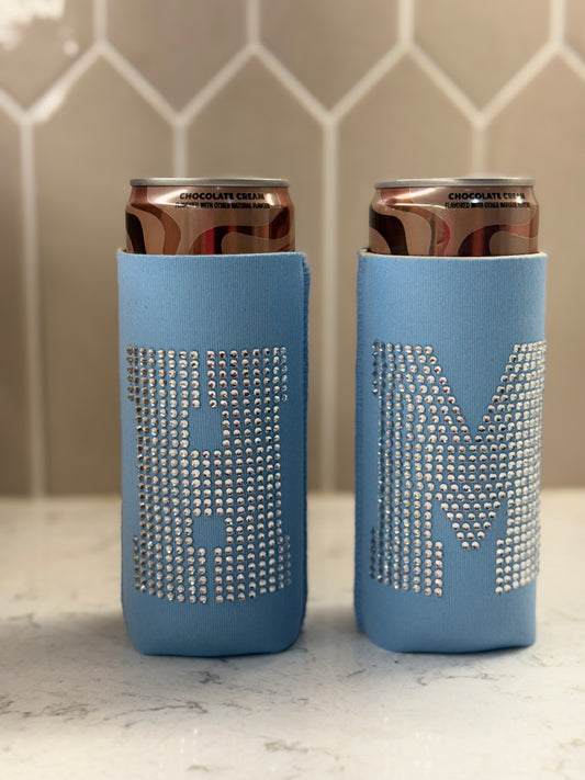 Rhinestone Initial Slim Can Sleeve - Light Blue