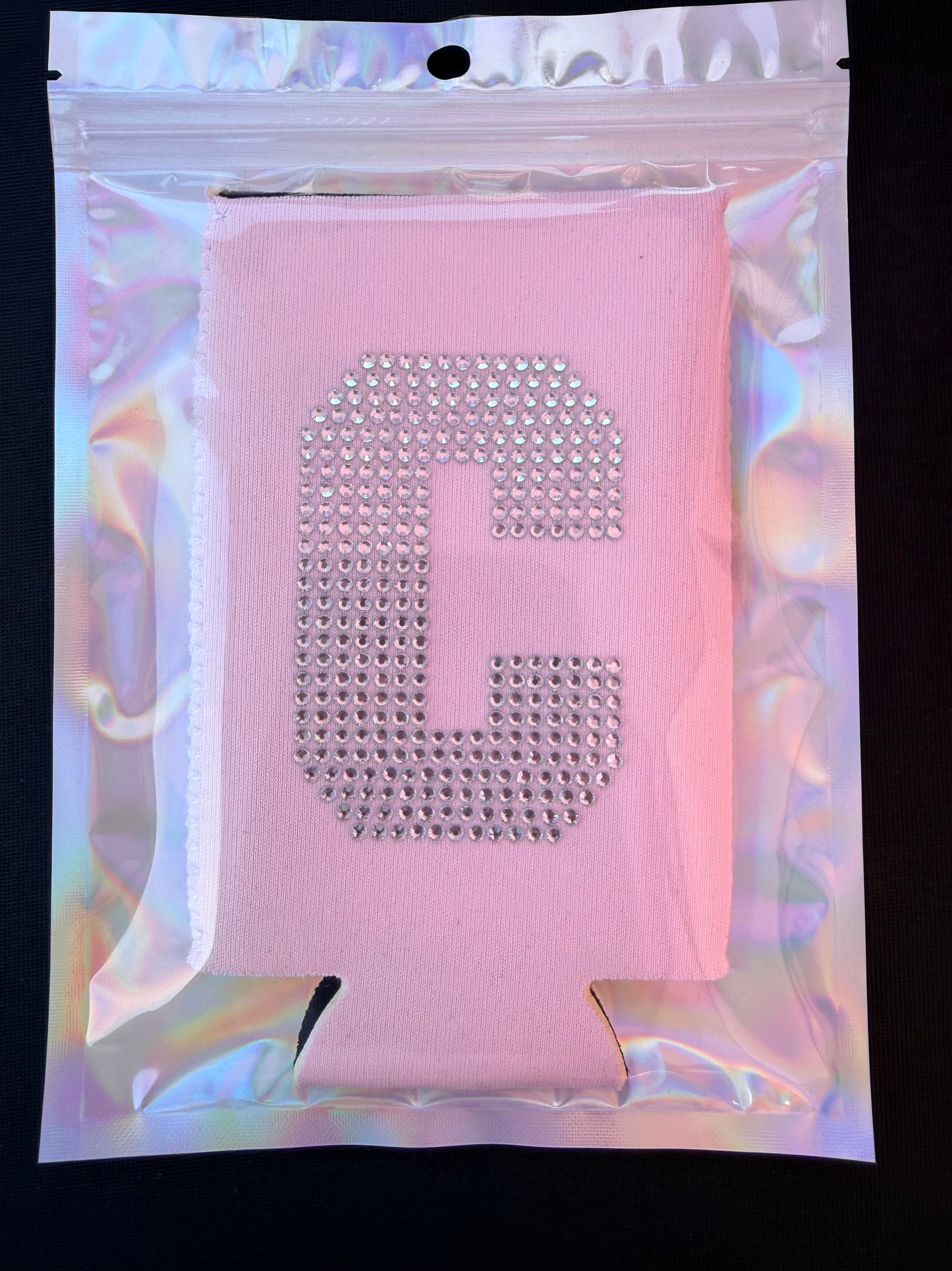 Rhinestone Initial Slim Can Sleeve - Light Pink