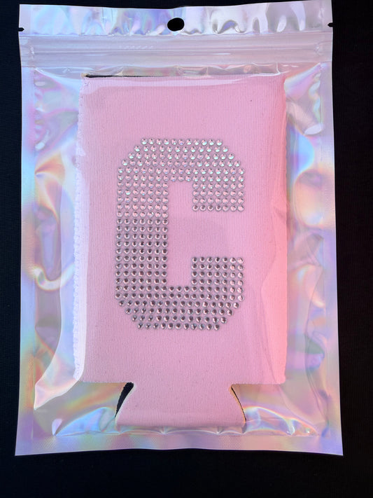 Rhinestone Initial Slim Can Sleeve - Light Pink